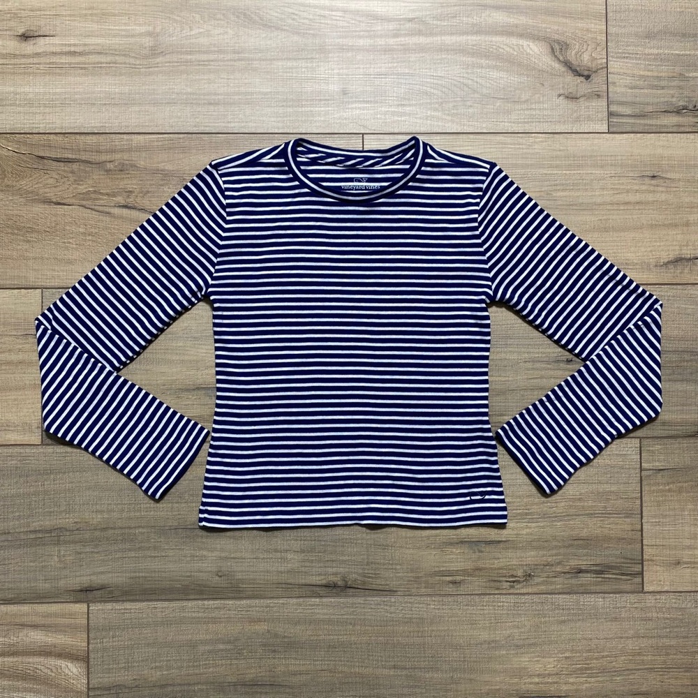 Vineyard Vines Girls Long Sleeve Simple Tee Size M Striped Navy Blue White EUC